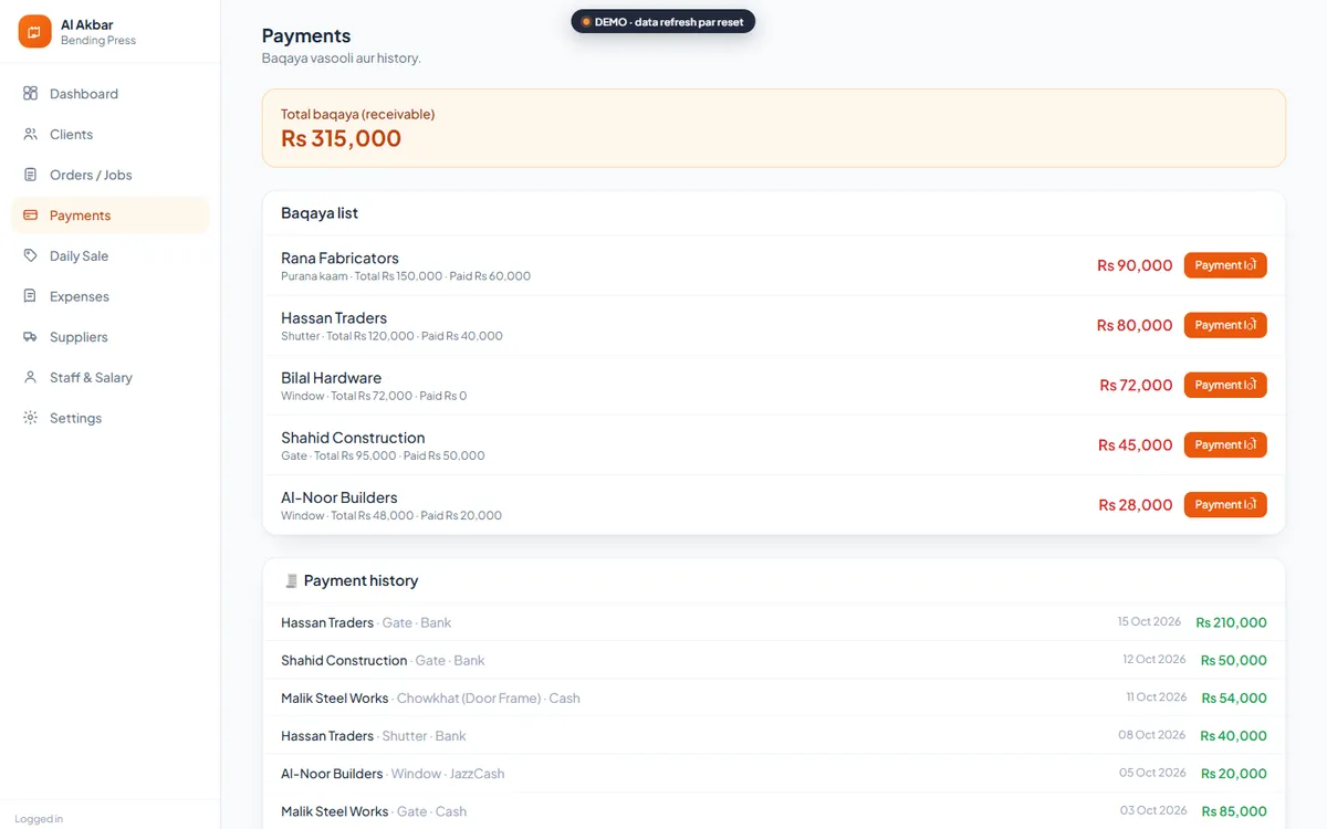 Payments screen listing outstanding client balances with a button to record each payment