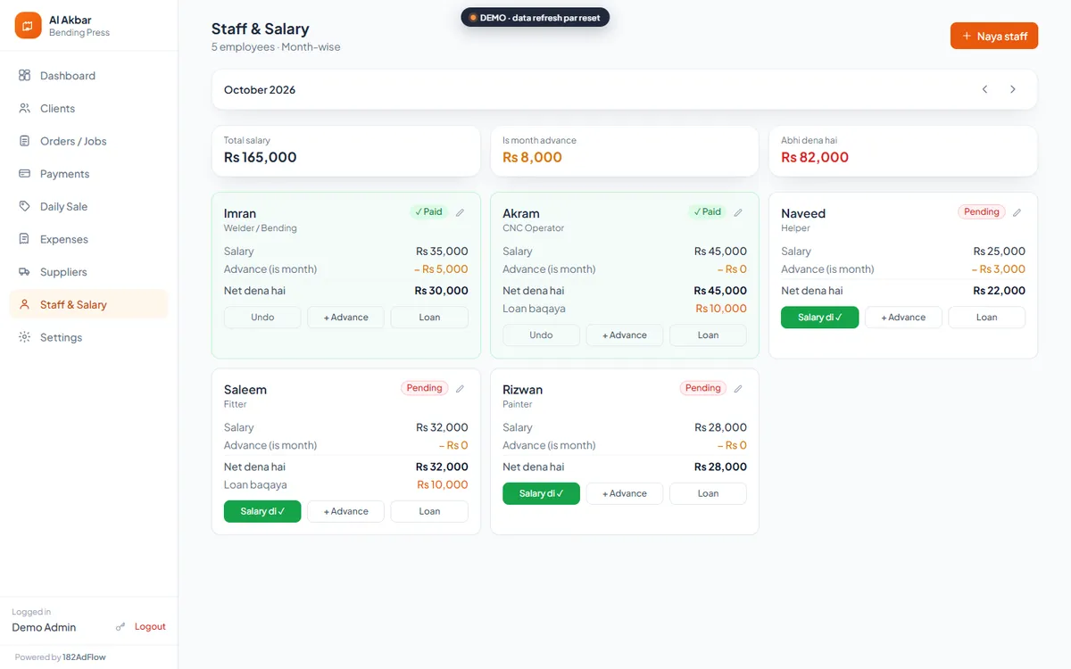 Staff and salary screen with monthly salary, advances, net amount to pay and staff loans