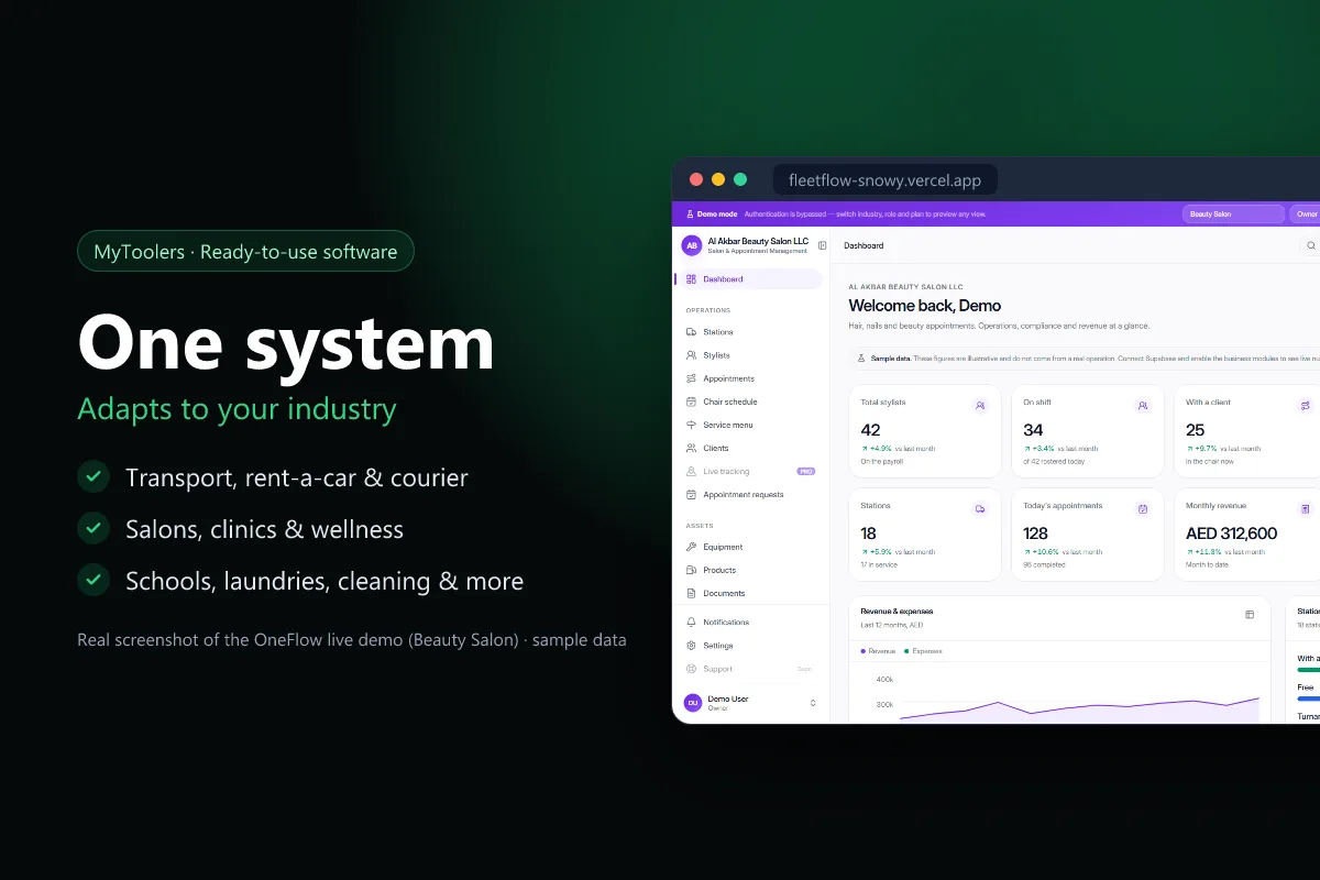 OneFlow live demo dressed as a beauty salon, with stylists, appointments and a service menu