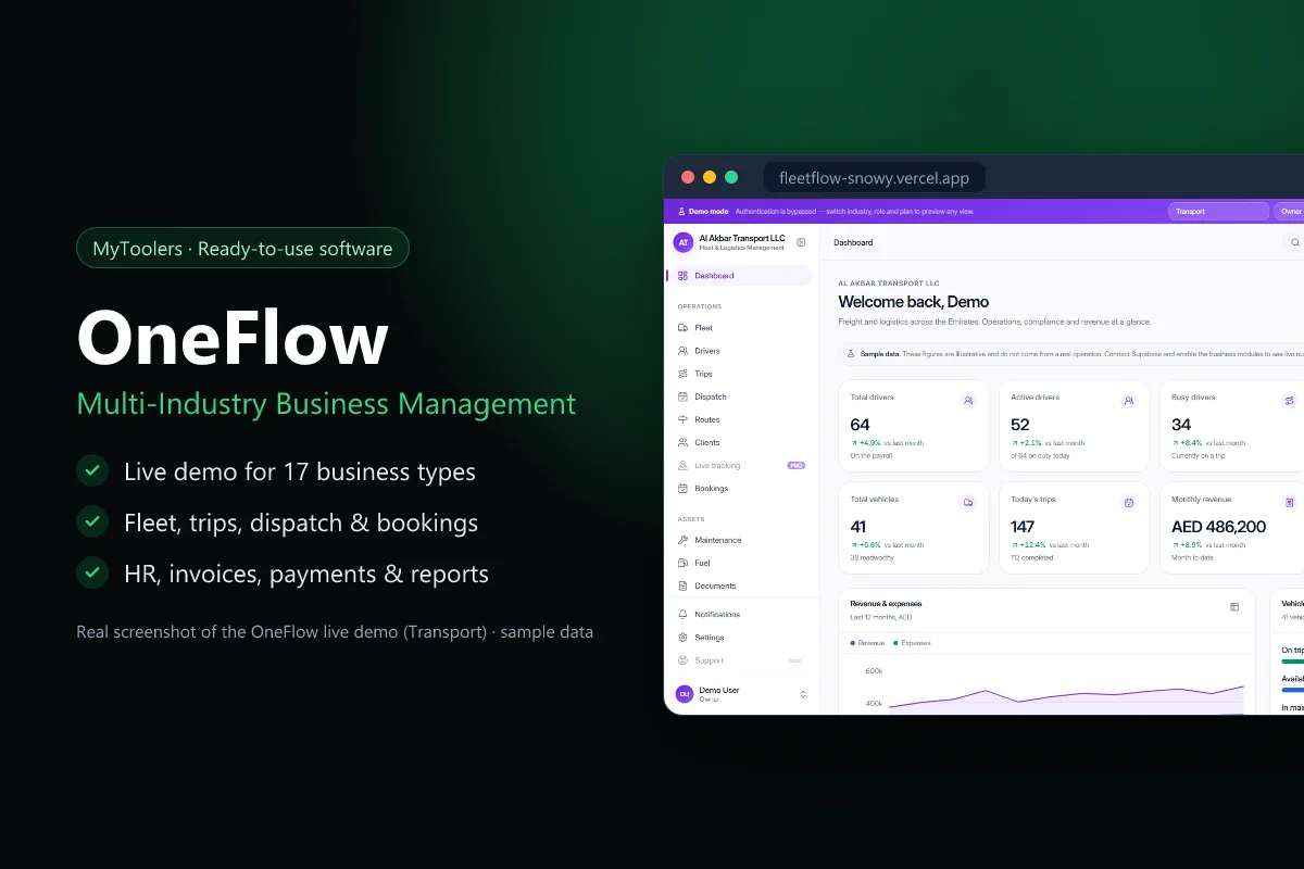 OneFlow live demo dashboard for a transport company, showing drivers, vehicles, trips and revenue