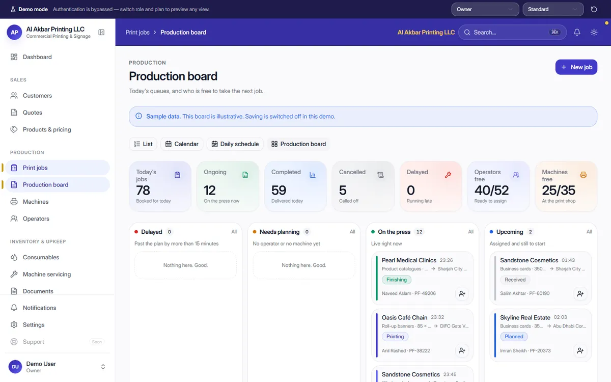 PrintFlow Production board with delayed, needs planning, on the press and upcoming job columns