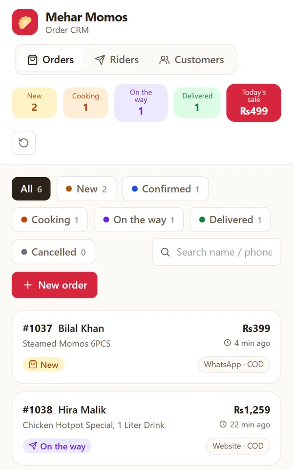 Restaurant Order CRM on a phone with order counts, status filters and today's sale