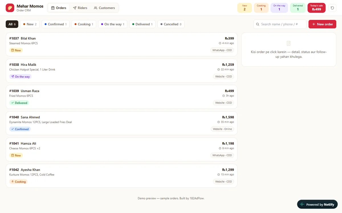 Order list filtered by status — new, confirmed, cooking, on the way, delivered — with source and payment method