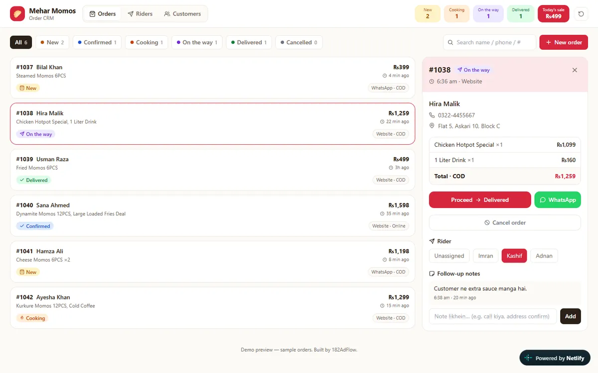 Restaurant Order CRM showing a list of momo orders and one order open with customer, address, items, total, rider and follow-up notes