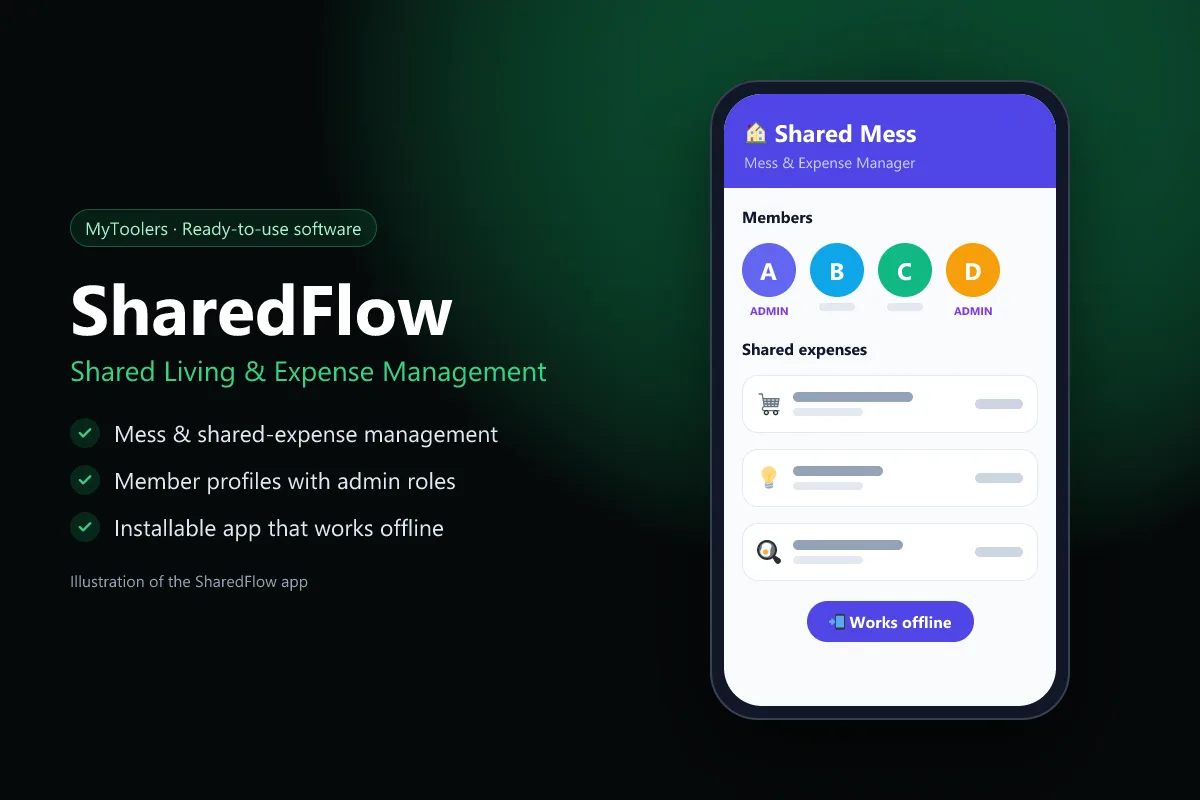 Illustration of SharedFlow showing members with admin roles and shared expenses
