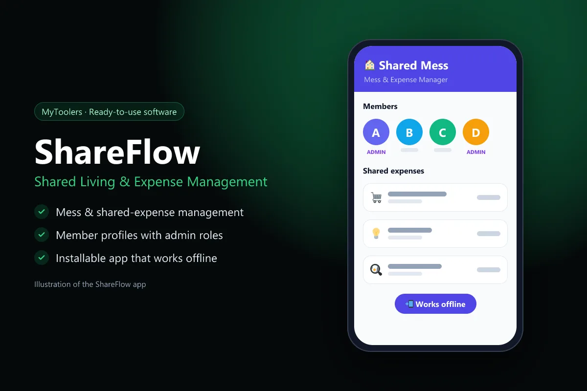 Illustration of ShareFlow showing members with admin roles and shared expenses