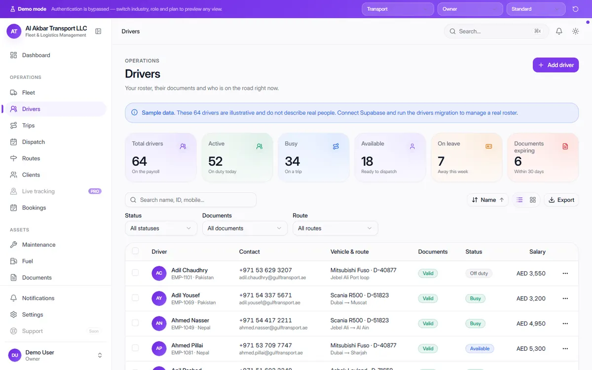 OneFlow Drivers screen from the live demo with driver totals and a roster showing vehicles, documents, status and salary