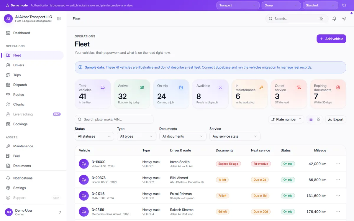 OneFlow Fleet screen from the live demo showing vehicle totals and a list of trucks with drivers, documents and service status