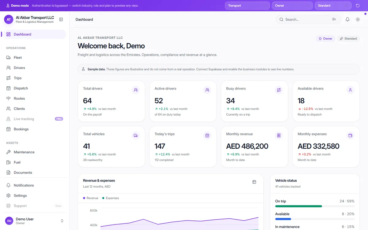 OneFlow Fleet & Logistics Management dashboard